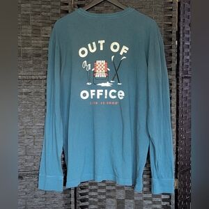 Life is Good Men's Dk Teal Blue Lg Sleeve Shirt Out Of Office Skiing Snow Sz XL